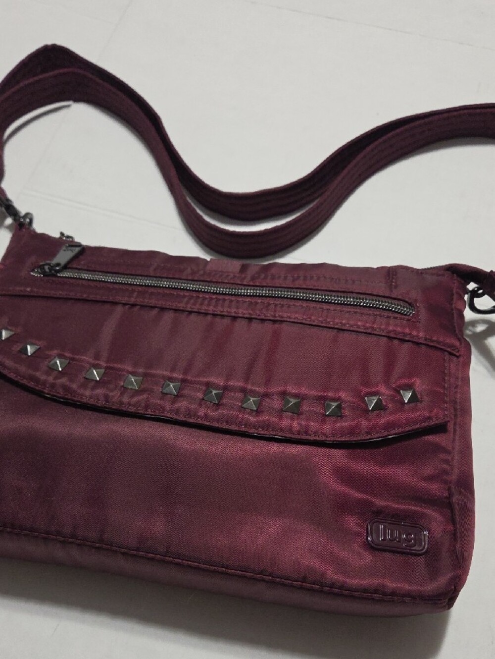 lug Pacer Wine Red Crossbody with Pyramid Studs - Picture 2 of 10